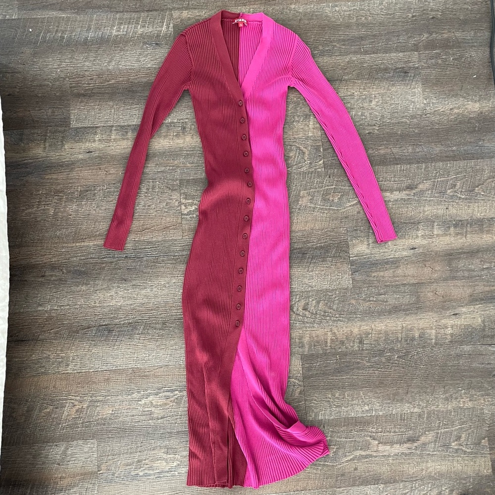 Staud red and pink knit maxi sweater dress